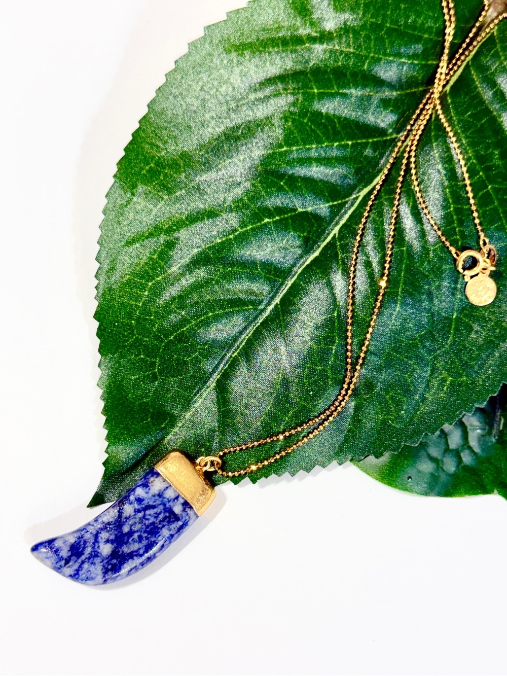 Janna Conner Blue Sodalite Horn Pendant on Delicate Gold Ball Bead Chain NWT - Picture 3 of 8